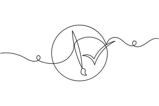 Approval paint brush tool check mark sign icon continuous one line drawing on white background minimal verified tick art instrument symbol outline vector illustration