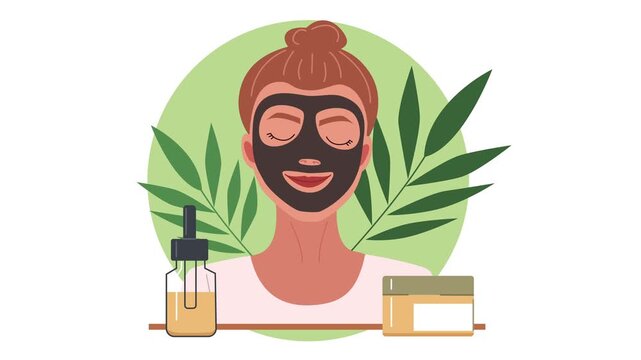 Flat illustration of woman with black facial mask and skincare products