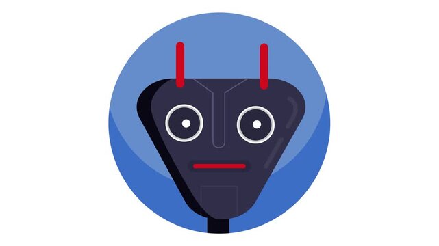 Animated robot face icon in blue circle on white background, flat design