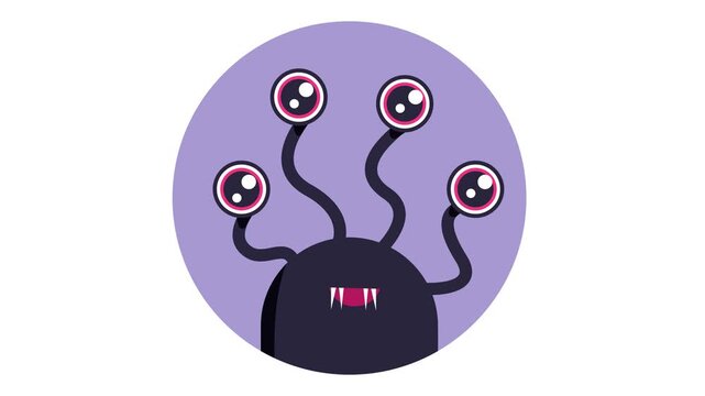 Animated cartoon monster with four eyes on purple circle background
