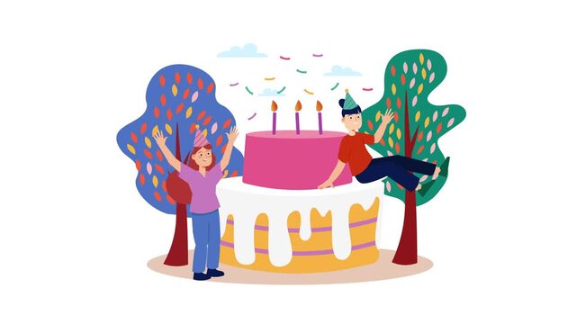 Birthday celebration animation with children around giant cake and candles