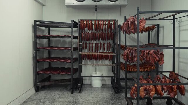 Meat processing facility interior showcasing various hanging and stacked cured meats on metal racks with a clean, industrial environment and visible cooling system overhead