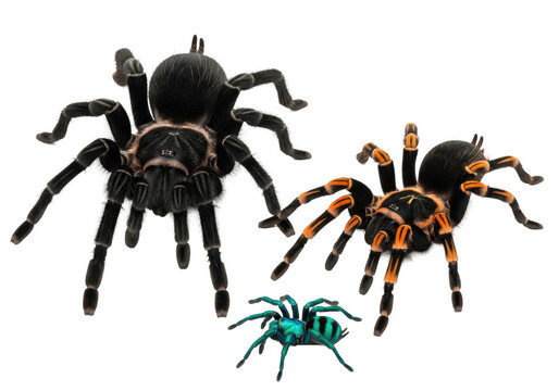 Three detailed tarantula specimens (black, orange-striped, blue) isolated on high-key white, showing visible fangs and setae texture, precise scientific documentation of arachnid morphology