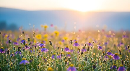 Fototapeta premium Morning dew on vibrant purple and yellow wildflowers in a sunlit meadow, featuring glistening bokeh and a tranquil sunrise landscape.