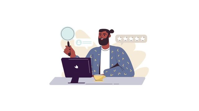 Flat vector illustration of smiling man giving online review at laptop