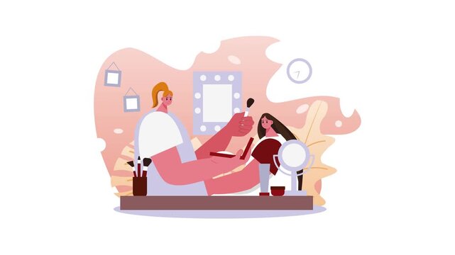 Animated makeup artist applying cosmetics to client at salon vanity