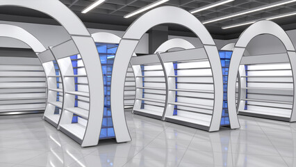 Rows of retail curved design gondola shelving and arched banners. 3d illustration © Wire_man