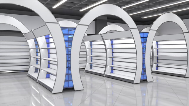 Rows of retail curved design gondola shelving and arched banners. 3d illustration