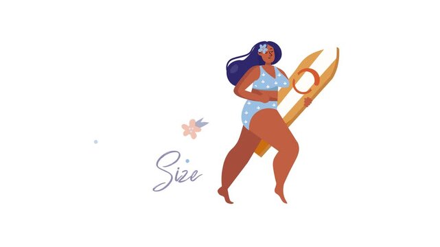Animated body positive woman with surfboard and motivational quote design