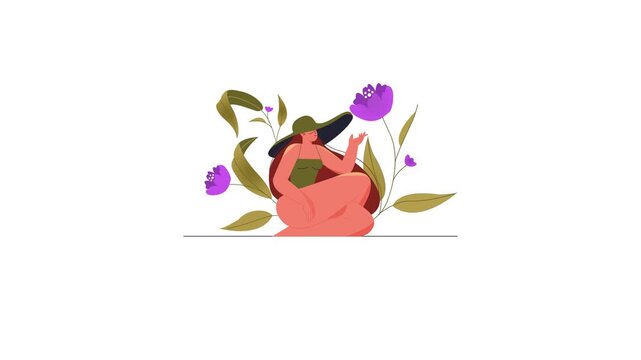 Hello Summer animation with woman in hat and floral vector illustration