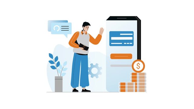 Mobile payment animation with man using smartphone and digital wallet
