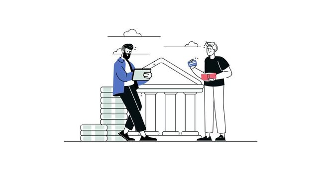 Two men exchanging credit card and wallet near bank building illustration