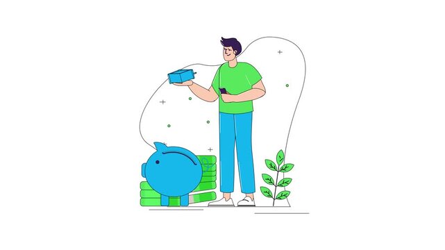 Personal finance animated concept with man, piggy bank and savings