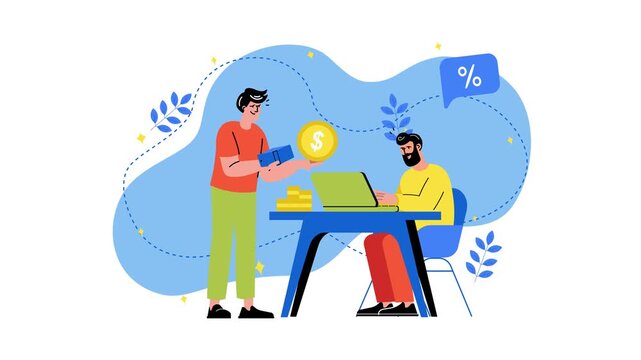 Flat animation of two men making online payment with laptop and discount