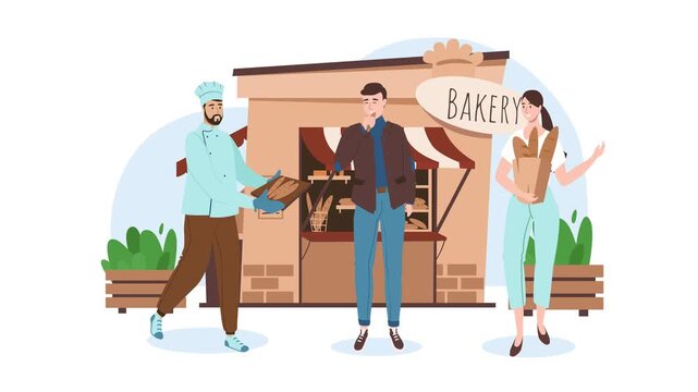 Animated bakery storefront with baker, customer and bread delivery