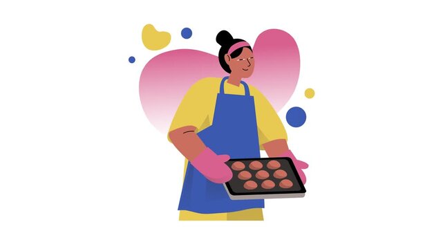 Animated woman baker holding tray of fresh cookies in flat vector illustration