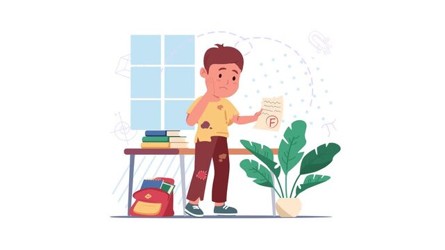 Sad schoolboy with failing test in classroom study scene, animated illustration