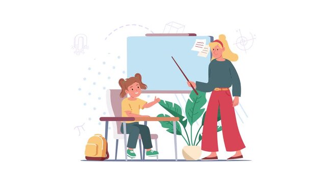 Animated back to school classroom with teacher and student scene