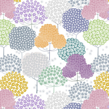 Arbres graphiques et fleuris multicolores en illustration pour textile et papeterie