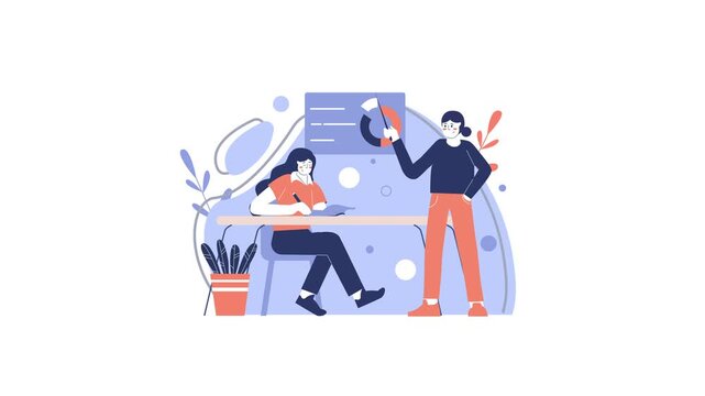Animated team of two women discussing marketing analytics in modern office