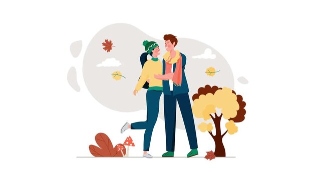 Romantic young couple hugging in autumn park flat vector animation