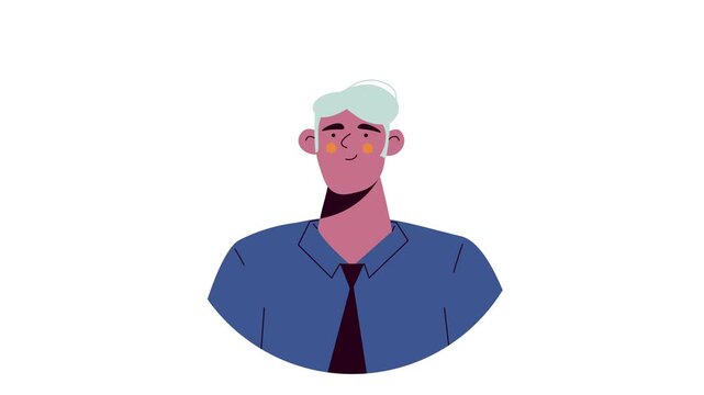 Animated flat vector portrait of young man in blue shirt on white background
