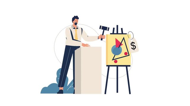 Businessman presenting growth chart beside easel and dollar tag animation