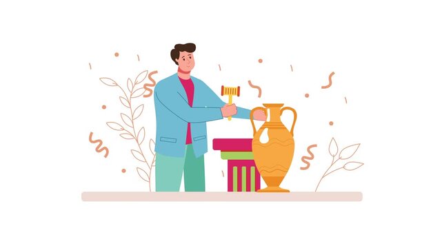 Flat animation of man crafting ceramic vase in pottery studio