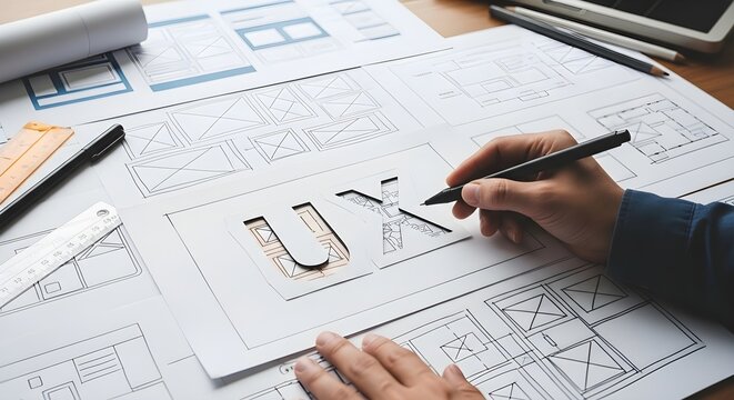 A person designing a ux user experience on paper with a pen