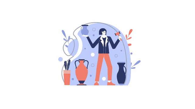 Animated female potter with ceramic vases and tools in studio