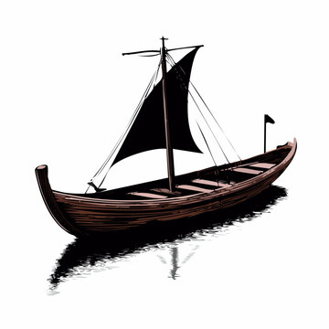 Viking ship with sail on water.