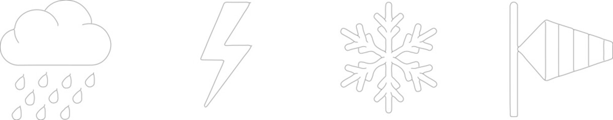 Obraz premium Weather icons, rain cloud, snowflake, lightning bolt, wind, gray line art isolated on Transparent Background