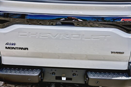 Ambato, Ecuador - June 09, 2025: Chevrolet Montana truck rear view showcasing sleek design and branding, emphasizing the modern automotive craftsmanship and attention to detail