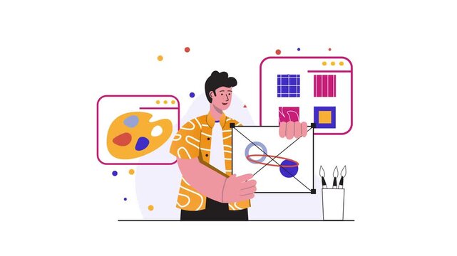 Flat vector animation of young graphic designer presenting digital art