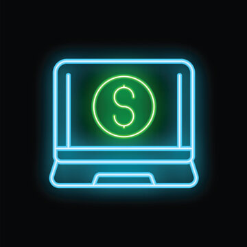 Glowing neon laptop with green dollar sign on the screen representing online payment, shopping and digital banking