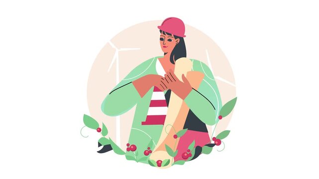Female engineer holding blueprint with wind turbines in eco animation