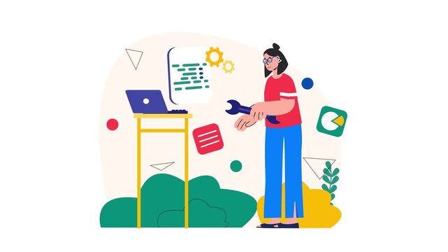 Flat animation of female technician with laptop, wrench and code
