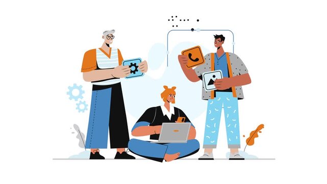 Flat vector animation of diverse team managing social media content