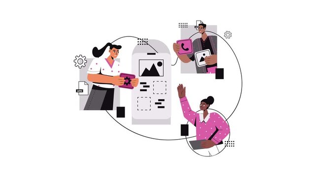 Animated team building mobile app interface with developers and icons