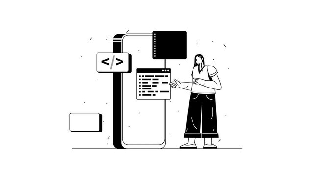 Female developer presenting mobile app code interface animation