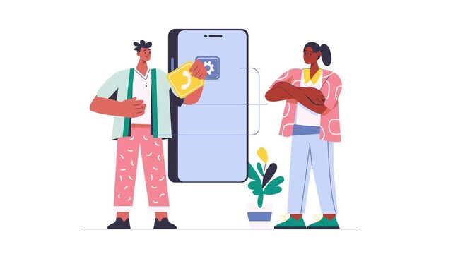 Animated flat vector of two people using smartphone app interface