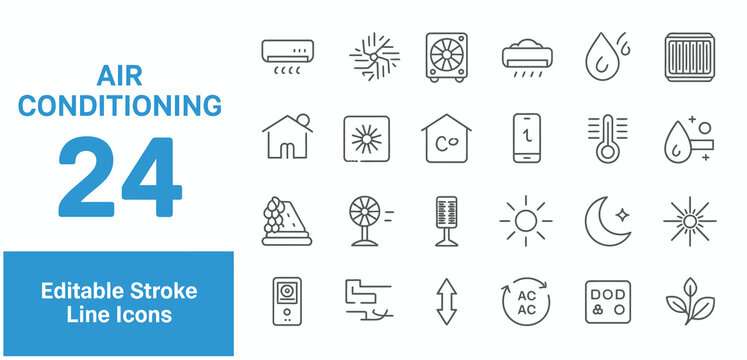 Editable stroke line icons for air conditioning, featuring home, weather, and climate control symbols
