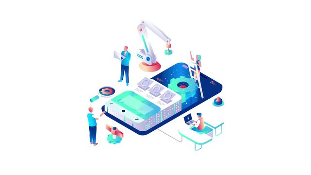 Isometric industrial automation animation with robotic arm and app