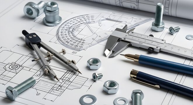 Engineering design tools and mechanical parts on a blueprint