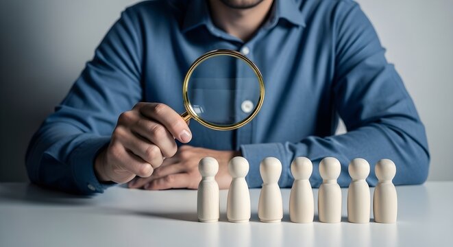 Man searching for the right person with a magnifying glass
