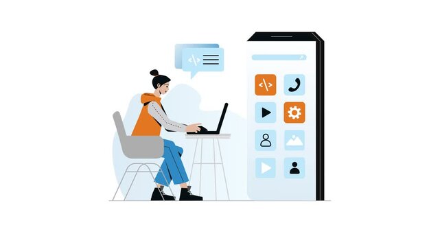 Animated woman coding at laptop beside mobile app interface illustration