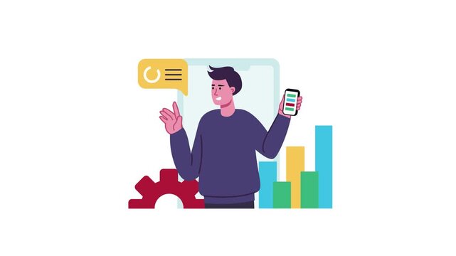 Animated man presenting mobile app analytics with charts and settings