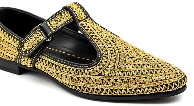 Traditional Black and Gold Embroidered T-Strap Shoe for Men, Ethnic Formal Footwear