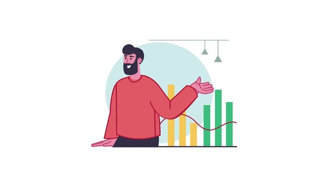Flat animation of bearded man presenting growth chart on white background