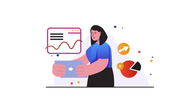 Businesswoman analyzing financial dashboard with growth charts illustration